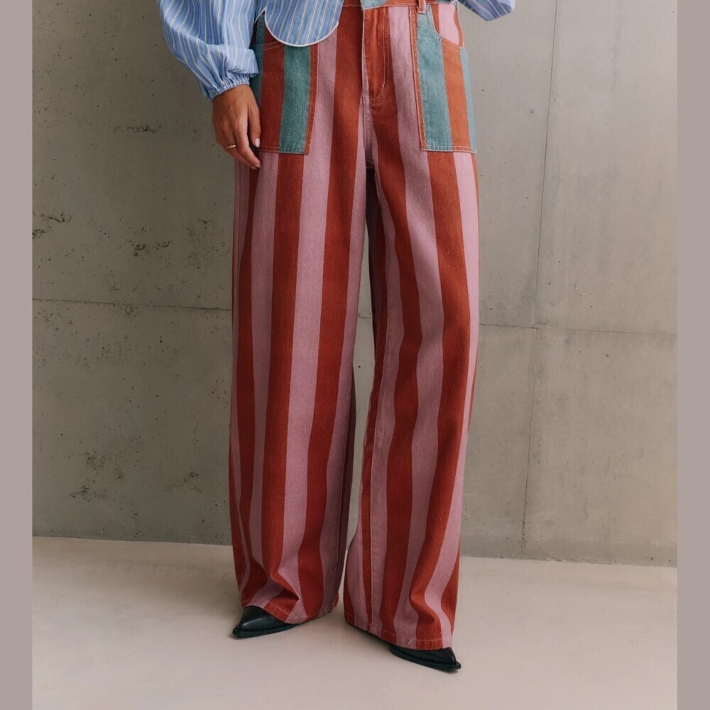 Pink & Rust Striped Denim Wide Leg Jeans Contrast Pocket